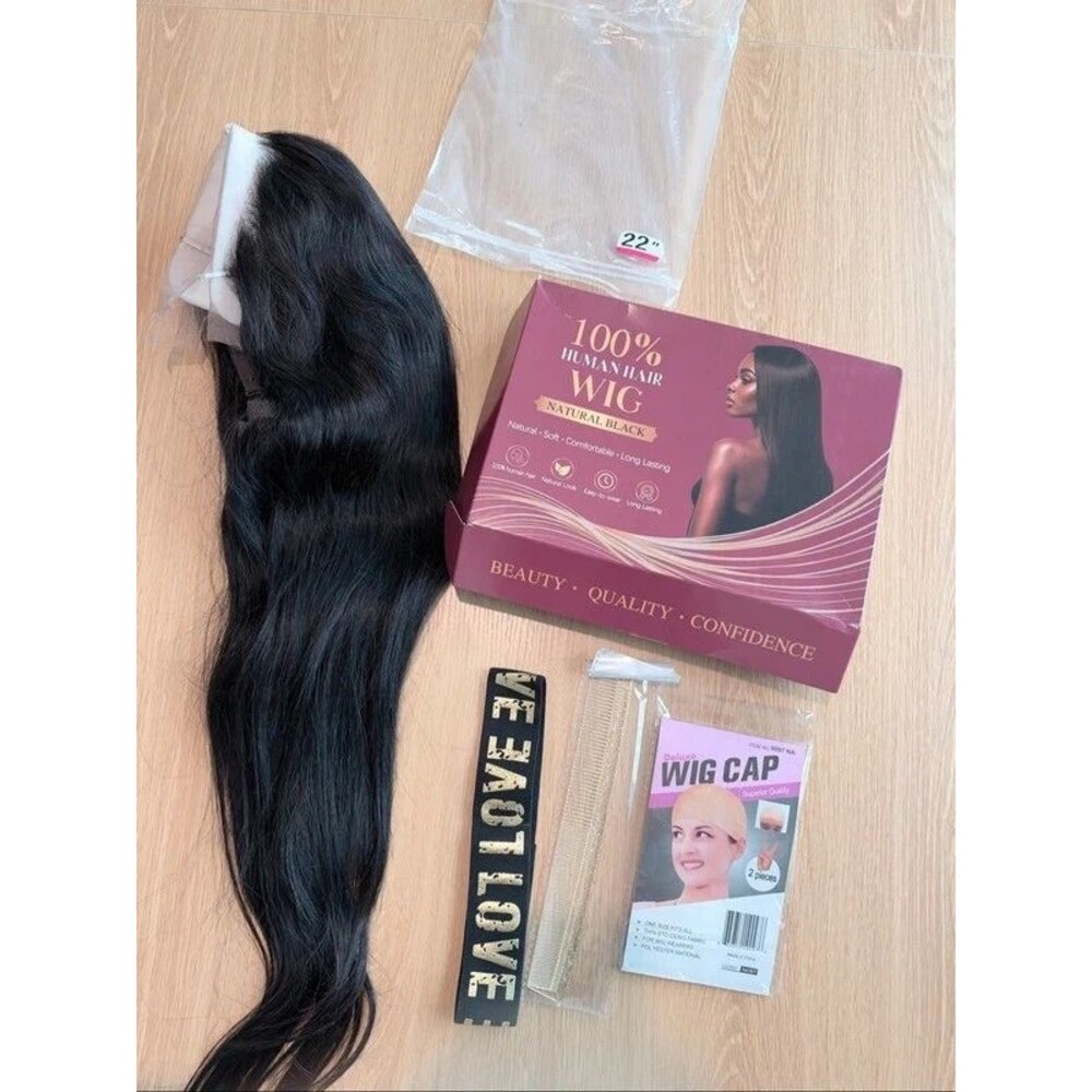 100% Human Hair Wig 22 inch Natural Black Set with Caps Band Combs New in Box